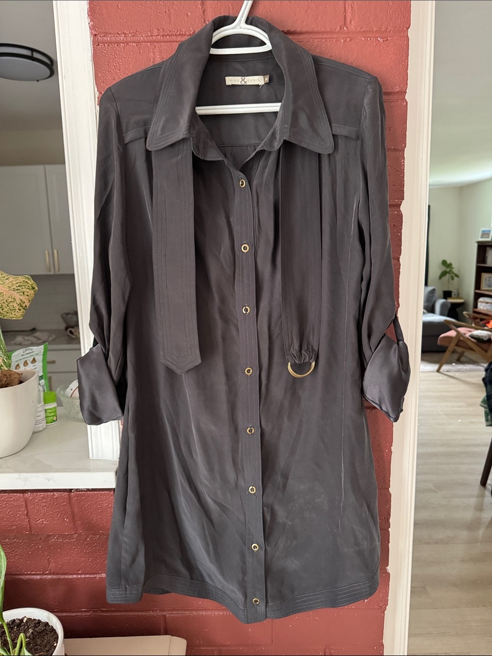 Mike & Chris 100% Sill Charcoal Gray Longline Button-Down Shirt Dress w Belt Med
